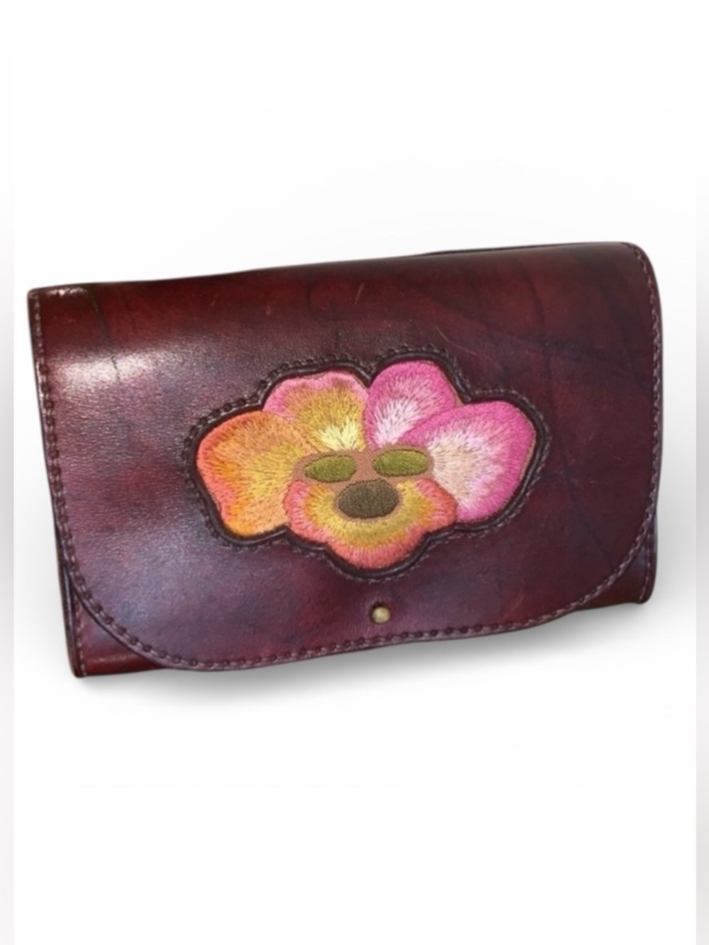 LEATHER CLUTCH, FLOWER, handmade maroon clutch, colorful embroidery on flap.